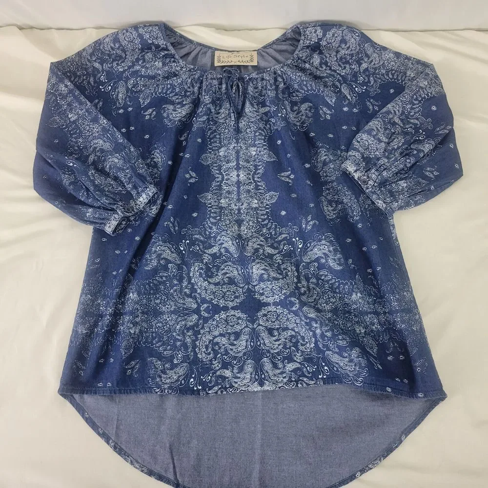 Life Style Shirt Womens Small Blue‎ Tunic Top Paisley 3/4 Bishop Sleeve Keyhole - Picture 3 of 14